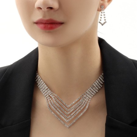 Set 2 objects: earrings, necklace "ice", 6 rows, white color in silver, 34 cm-2