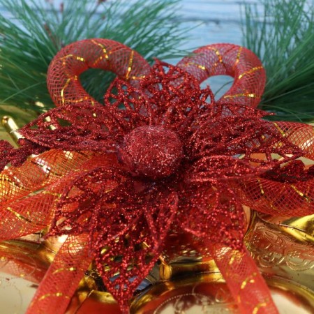 Decoration New Year's "double bell" with flower and twigs, 25x19 cm, golden red-1