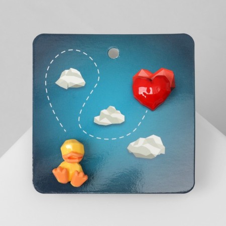 Earrings Plastic "Abstraction" duck and heart, yellow-red color-1