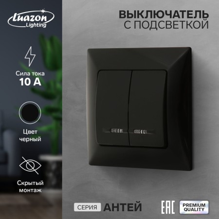 Luazon Lighting "Antei" switch, 10 A, 2 keys, hidden, backlight, black