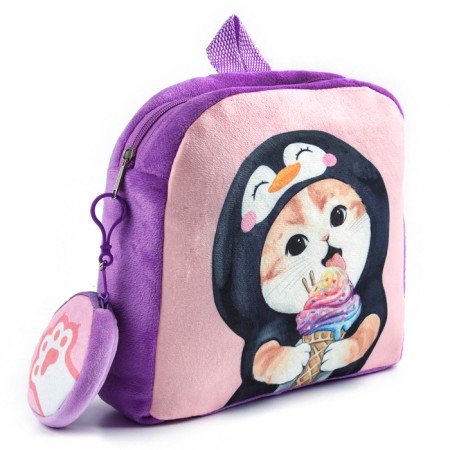 Baby plush backpack with a wallet "Cat with ice cream", 24*24 cm, lilac color-2