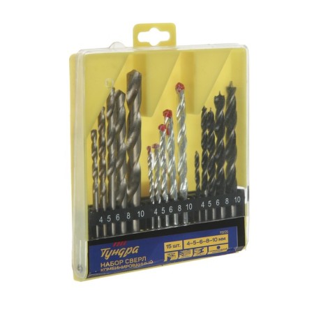 Set of drill combined tundra, cylindrical shank, 4-5-6-8-10 mm, 15 pcs.-1