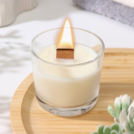 A candle made of soy wax in a glass with a wooden wick "Black Currant", 65 grams