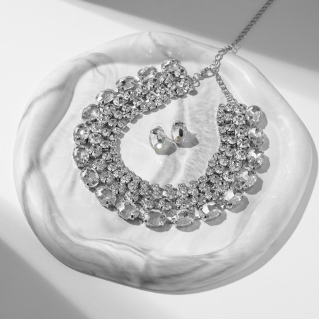 Set 2 items; Earrings, Vespers' necklace 4 rows, white color in silver-3