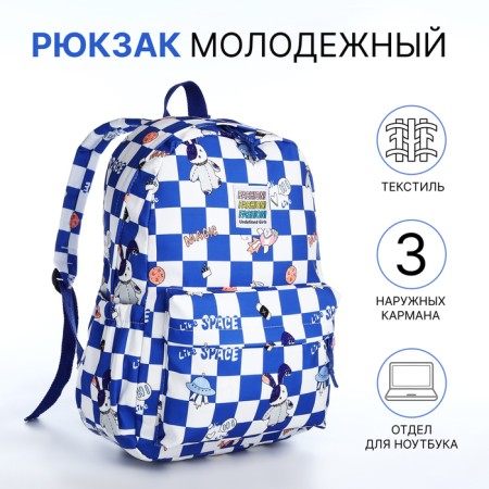 School backpack from textiles on lightning, 3 pockets, blue color