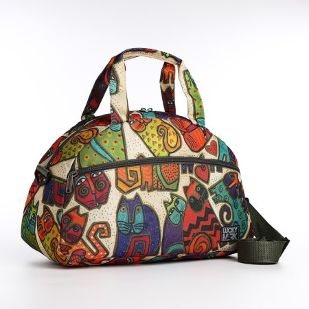 Road bag with lightning, external pocket, long belt, beige color/multi -colored