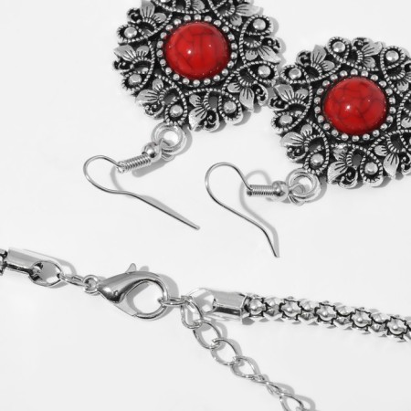 Set 2 objects: earrings, necklace "India", red color in black silver, 52 cm-1