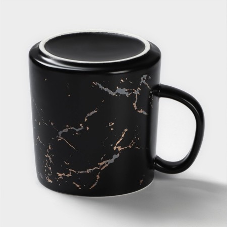 Ceramic mug with a spoon "Black marble", 350 ml, black color-5