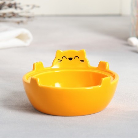 Tea couple ceramic "red cat", a mug 150 ml, a bowl of 10x3 cm, yellow color-2