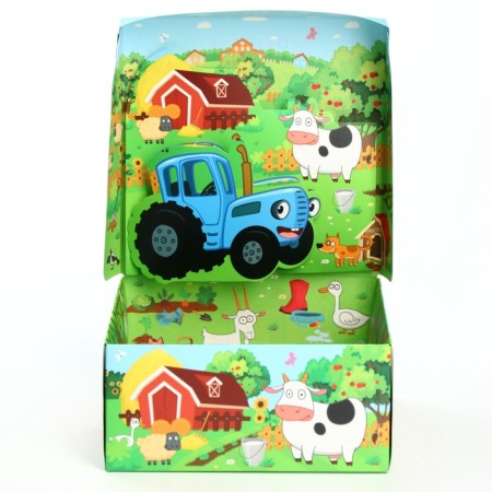 Folding gift box with 3D, blue tractor, 15x15x7 cm-4