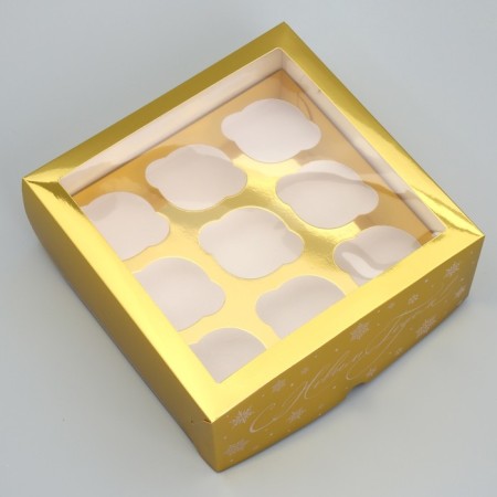 Folding box for 9 cupcakes with a “Happy New Year” window, 25 x 25 x 10 cm, New Year-1
