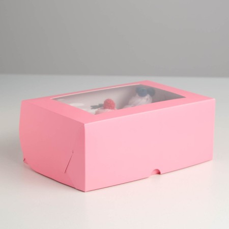 Box for 6 cupcakes with a window, pink, 25 x 17 x 10 cm