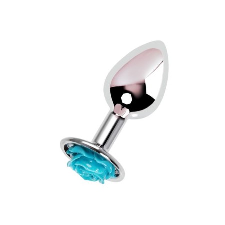 Anal plug Metal by Toyfa, metal, silver with blue rose, d = 27 mm, 8 cm, 48 g 104480-3