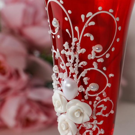 A set of wedding glasses "roses", with stucco and heart on a leg, red-1