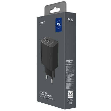 Network charger PERO TC02 Auto Max, 2 USB, 2.1 A, current regulation, black-4
