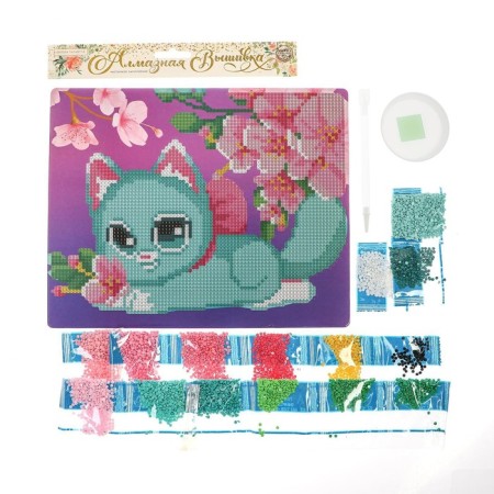 Diamond mosaic for children "Cute cat and sakura" 20x25 cm-4