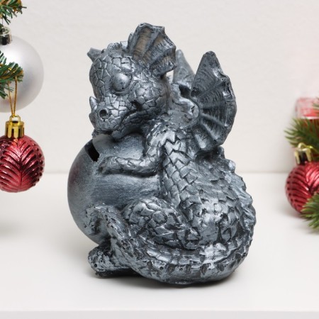 Piggy bank "Dragon with a ball" silver, 14cm-1