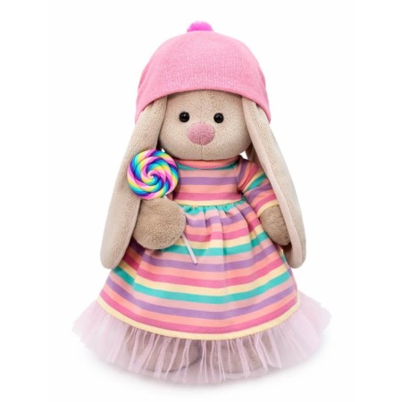 Soft toy "Bunny Mi" in a striped dress with a candy, 25 cm
