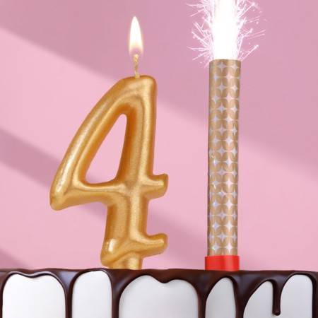 Set a candle for a cake number 4 giant, gold, with a fountain, 9.5 cm