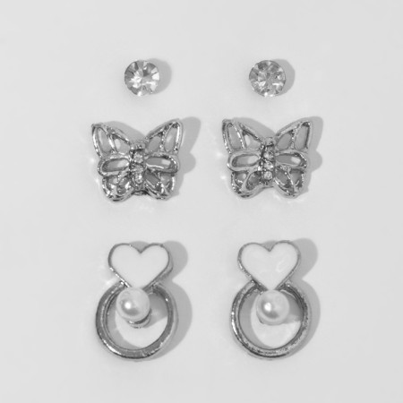 Pusets 3 pairs "heart" with a butterfly, the color is white in silver-3
