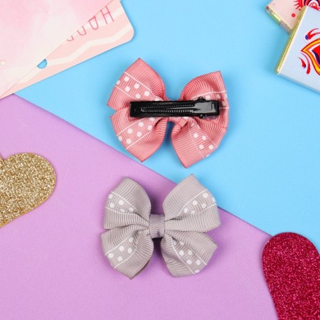Hair clip "Bow" strip in polka dots, 5.5 cm, gray and pink-1
