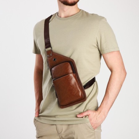 Male sling bag made of artificial leather, brown color