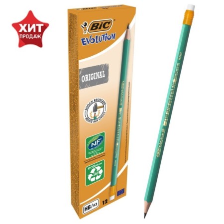 Chernographic pencil (simple) HB, bic evolution, sharpened, plastic, with an eraser, hexagonal, green case-1