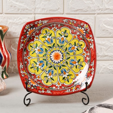 Plant of Rishtan ceramics "Patterns", red, 20 cm, square-2