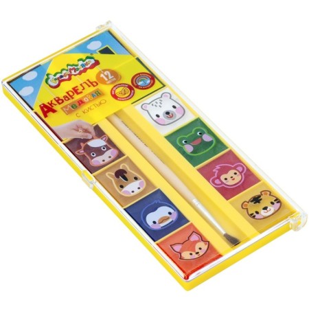 Watercolor 12 colors "Kalyak-Malyak" animals in a house, with a brush, plastic packaging-1