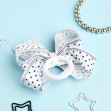Hair elastic band "Schoolgirl" bow strips peas, 8 cm, white-blue-1