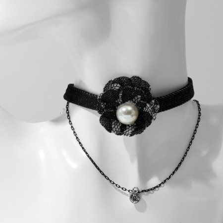 Choker "jeans" flower with pearls, white-black color, 36 cm
