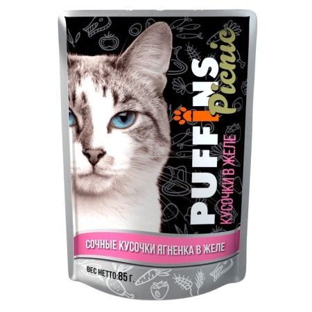Wet food "Puffins Picnic" for cats, lambs in jelly 85 g