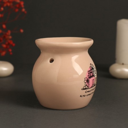 Aroma lamp ceramics "Happy is one who is happy at home" beige 7.2x7.2x7.8 cm-3
