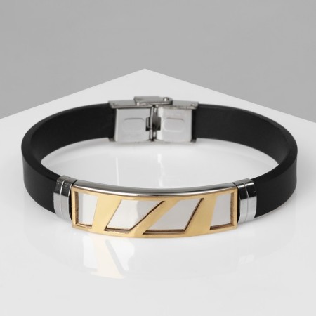Bracelet male "style" rectangle with carved, black color with silver-gold, 22 cm
