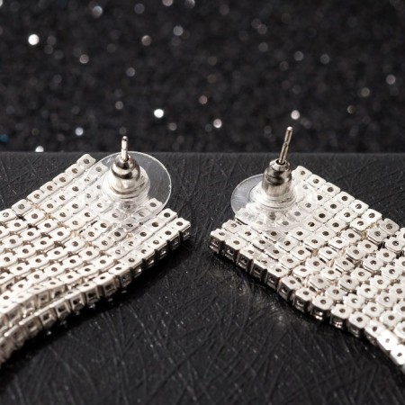 Hanging earrings with rhinestones "Waterfall" a large square, white color in silver, 10 cm-2