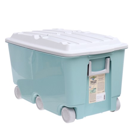 Box for toys on wheels, green color