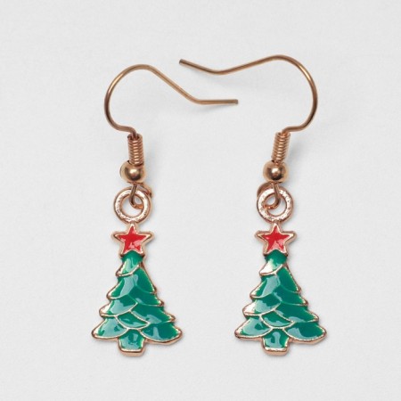 Earrings "New Year" hanging, Christmas trees with a star, green-red color in gold-1