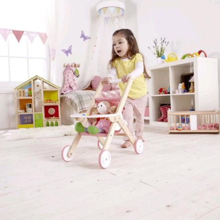 Walking stroller for Hape dolls, wooden-1