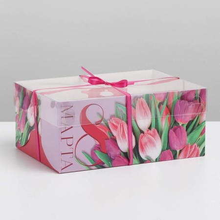 Capcake box, confectionery packaging with PVC lid, 6 cells "Tulips", March 8, 23 x 16 x 10 cm