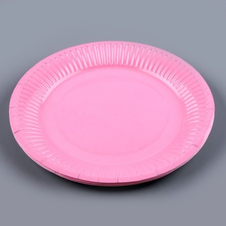 Set of paper dishes is disposable: 6 plates, 6 glasses, pink color-4