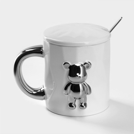 Ceramic mug with a spoon "Stylish Bear", 320 ml, white color