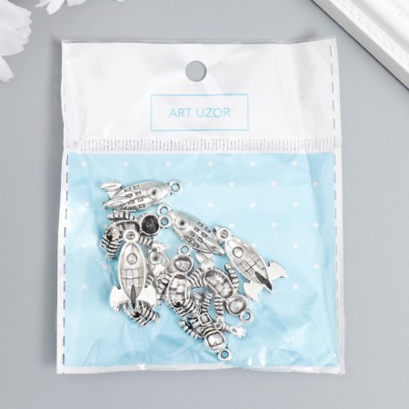 Decor for creativity Metal "Rocket and Cosmonaut" Silver Set 5+5 pcs 2.2x1.3 cm 2.1x1.6 cm 7888007-3