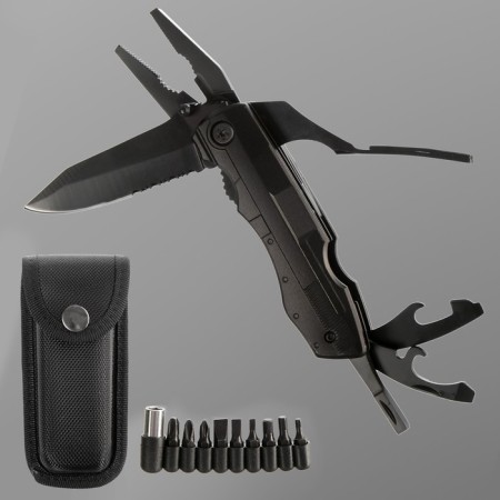 The knife is multifunctional, with a set of screwdrivers