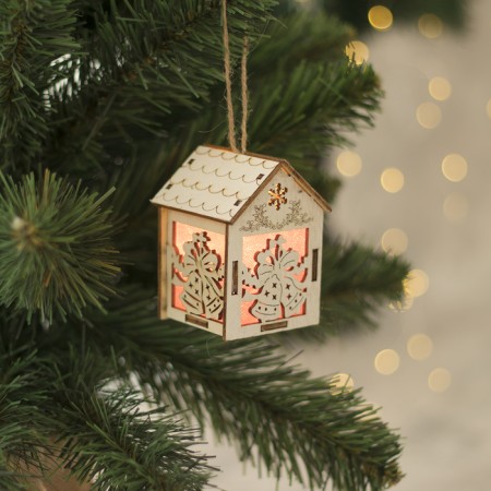 Christmas tree toy "House with bells", from batteries, glow of warm white