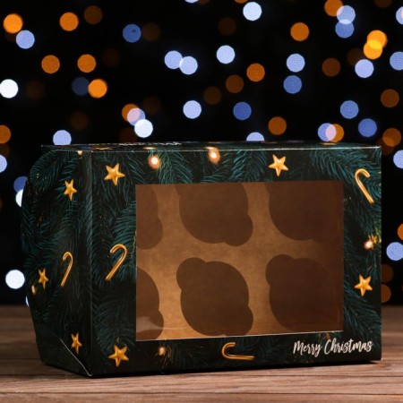 Packaging for 6 cupcakes with a window "Happy Christmas", 25 x 17 x 10 cm, 1 pc.
