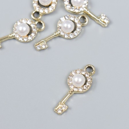 Decor for creativity metal, rhinestones "Key with pearls" gold 0.9x2.2 cm