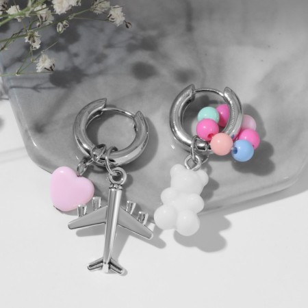 Earrings with the removable element "Transformer" Bear and heart, colored in silver-1