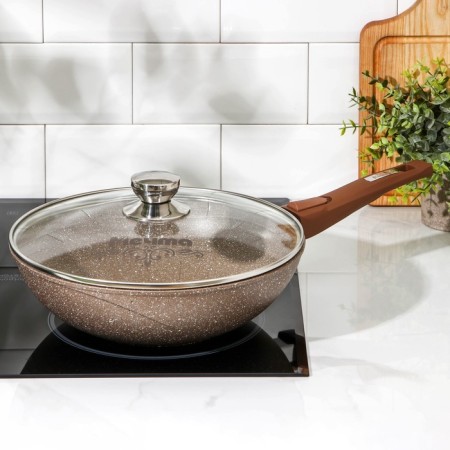 Granite Brown pan, d = 28 cm, removable handle, glass cover, anti -stick coating, brown color-6