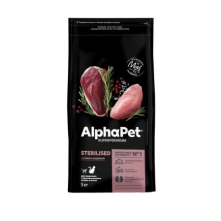 Dry feed Alphapet Superpremium for cats, duck/turkey, 3 kg
