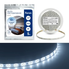 Светодиодная лента Feron 5 м, IP20, SMD2835, 60 LED/м, 4,8 Вт/м, 12 В, свечение холодное белое